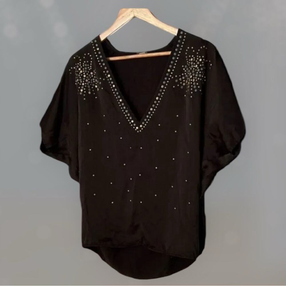 MONROW 100% Silk Beaded V-Neck Blouse Black Dolman Sleeve Top Size XS
